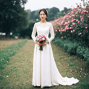 Bride in White Dress with Bouquet in Serene Garden