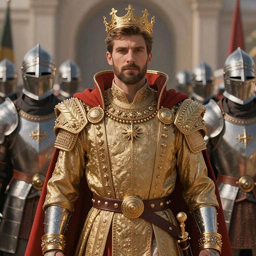 Regal King in Ornate Golden Armor with Knights Standing Guard