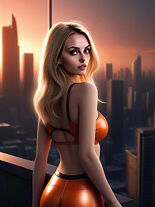 Blonde Woman on Rooftop at Sunset with City Skyline