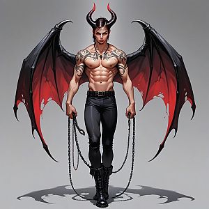 Muscular Man with Bat Wings and Horns