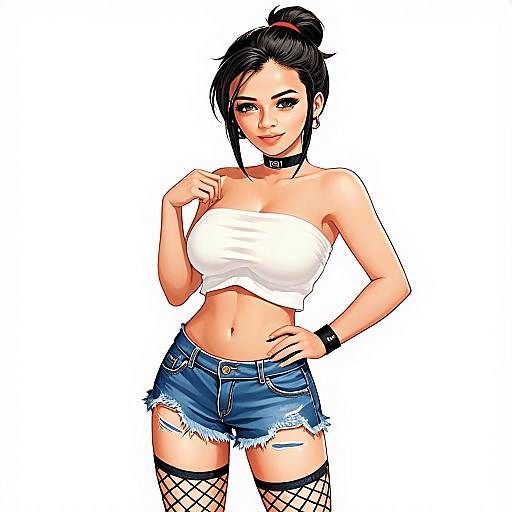 Trendy Gen Z Woman in Distressed Shorts and Tube Top Digital Art