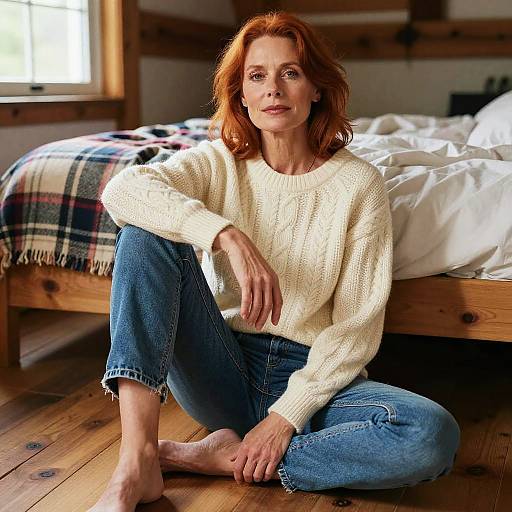 Confident Redhead Woman in Cozy Knitted Sweater Sitting on Wooden Floor
