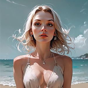 Blonde Woman in White Bikini on Beach