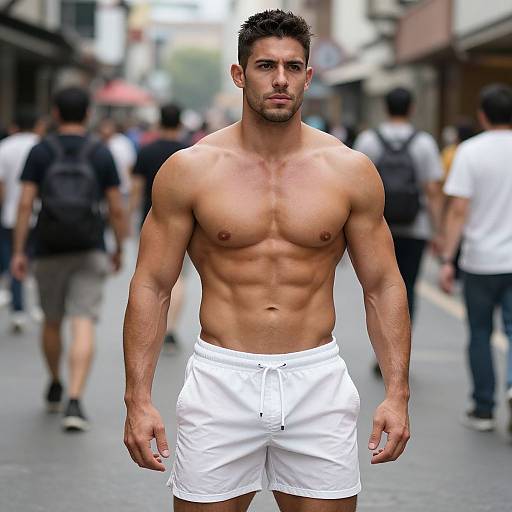 Muscular Shirtless Young Man Walking in Urban Street
