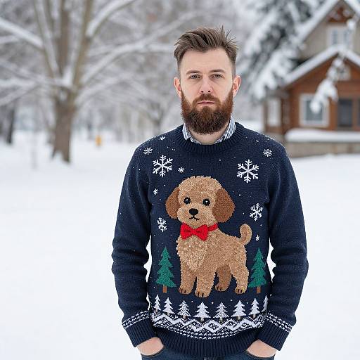 Man Wearing Festive Dog Sweater in Snowy Winter Landscape