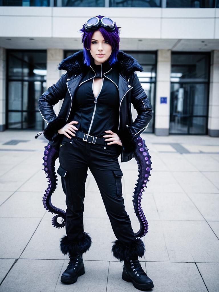 Andreana Arknights Cosplay Woman in Black Leather Outfit with Purple Tentacles