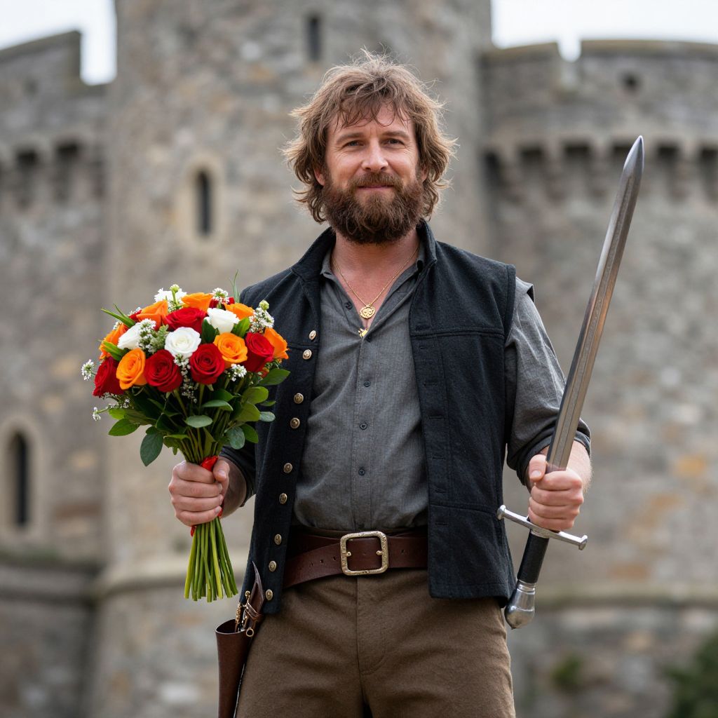 Medieval Man Holding Sword and Colorful Bouquet in Front of Castle