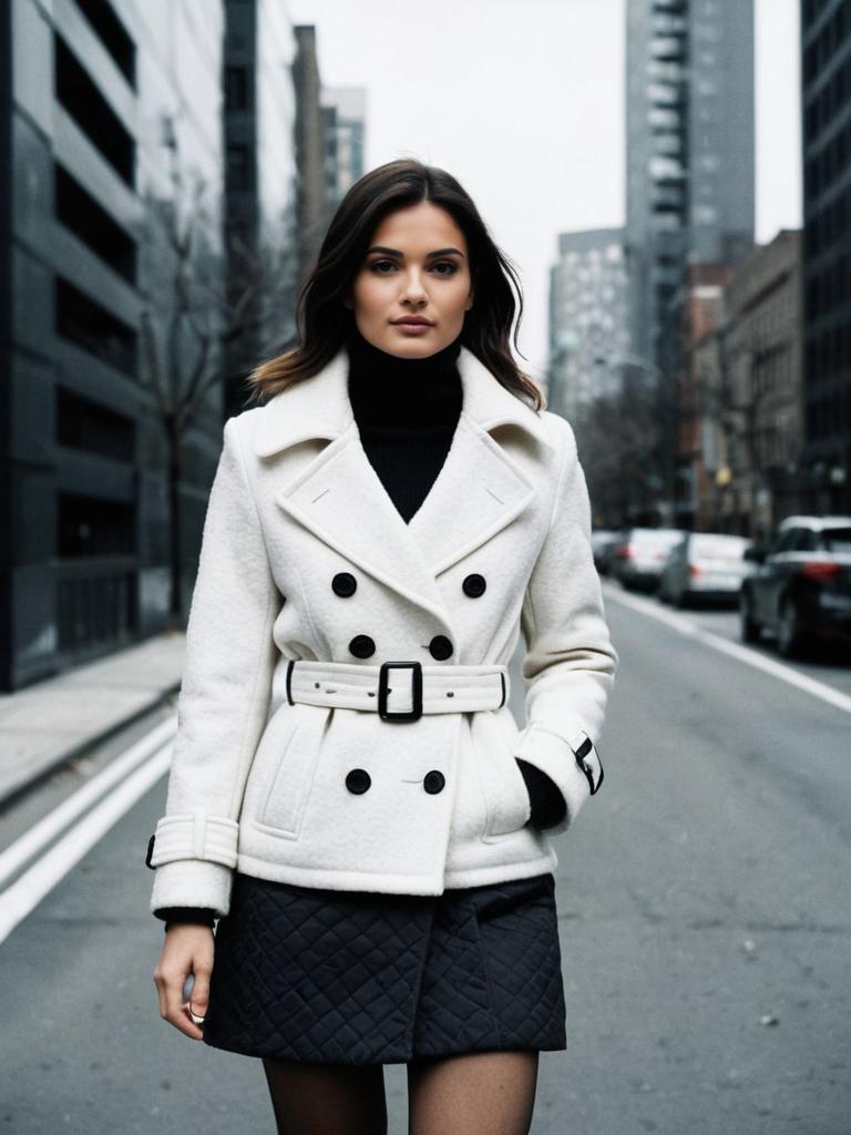 Woman in Modern Urban White Belted Peacoat with Wide Lapels and Double-Breasted Design