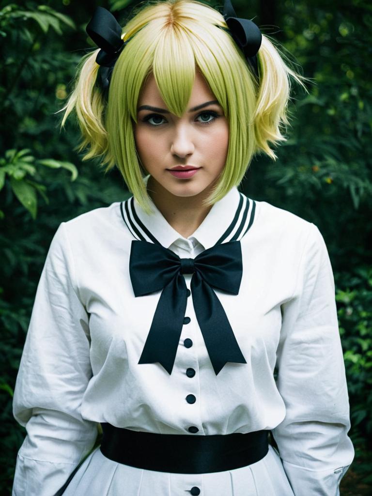 Young Woman in Blonde Twin Tails with Black Bow Tie Fashion Portrait