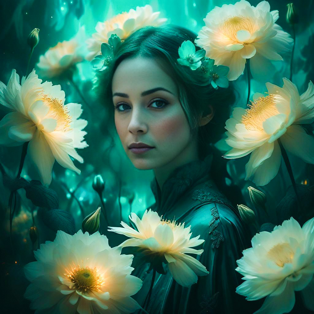 Serene Woman with Ethereal Flowers in Dreamy Teal Light Serene Woman with Ethereal Flowers in Dreamy Teal Light