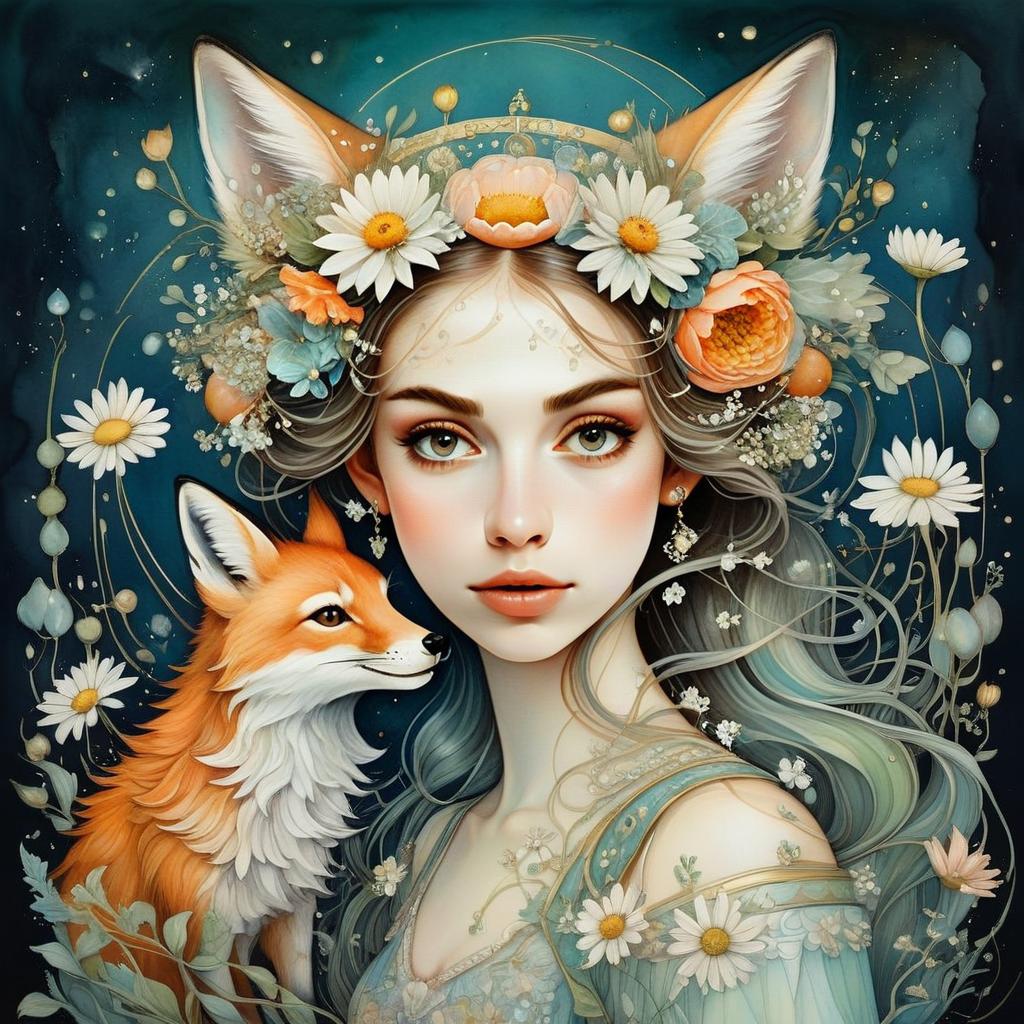 Fantasy Portrait of Woman with Floral Crown and Fox