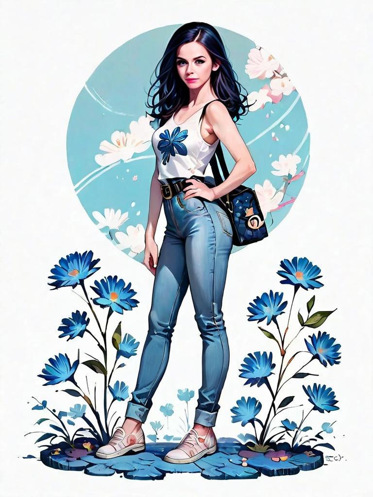 Realistic Comic Style Illustration of Woman in Casual Outfit with Blue Flowers