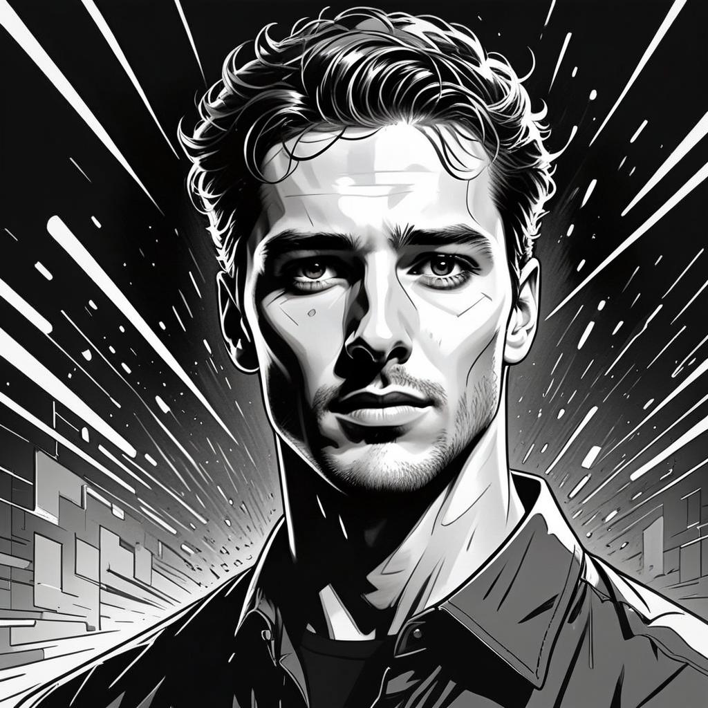 Intense Black and White Comic Style Portrait of Man