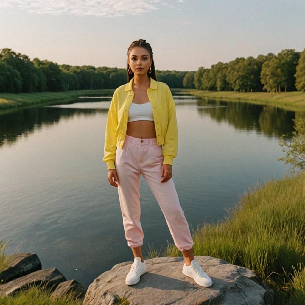 Woman in Yellow Jacket and Pink Trousers by Serene Lake