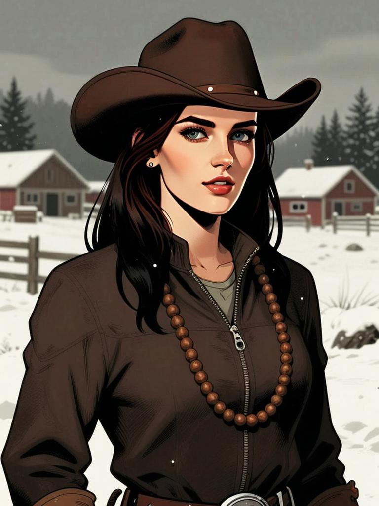 Digital Illustration of Woman in Cowboy Hat in Snowy Rural Setting