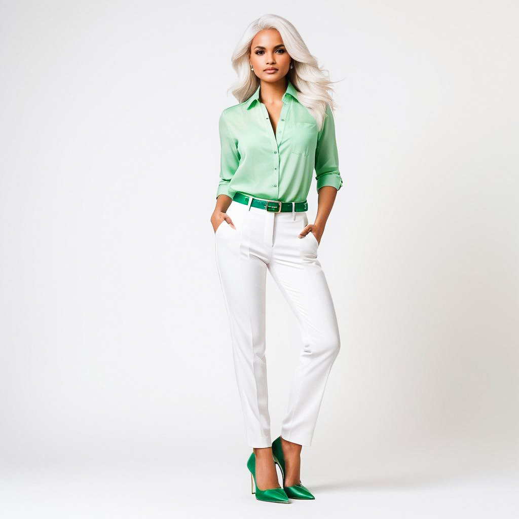 Confident Woman in Stylish Green Blouse and White Trousers