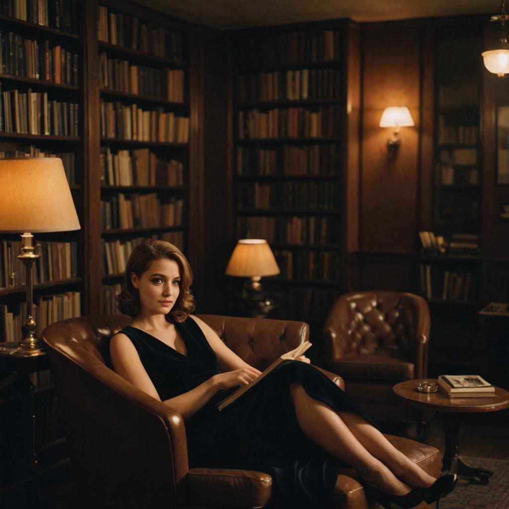 Pensive Woman in Library with Book