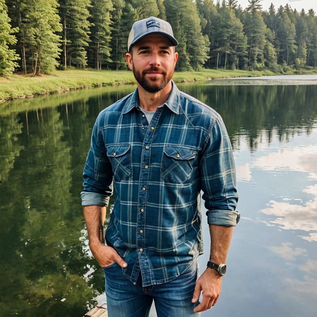 Man in Blue Plaid Shirt by Tranquil Forest Lake Outdoors