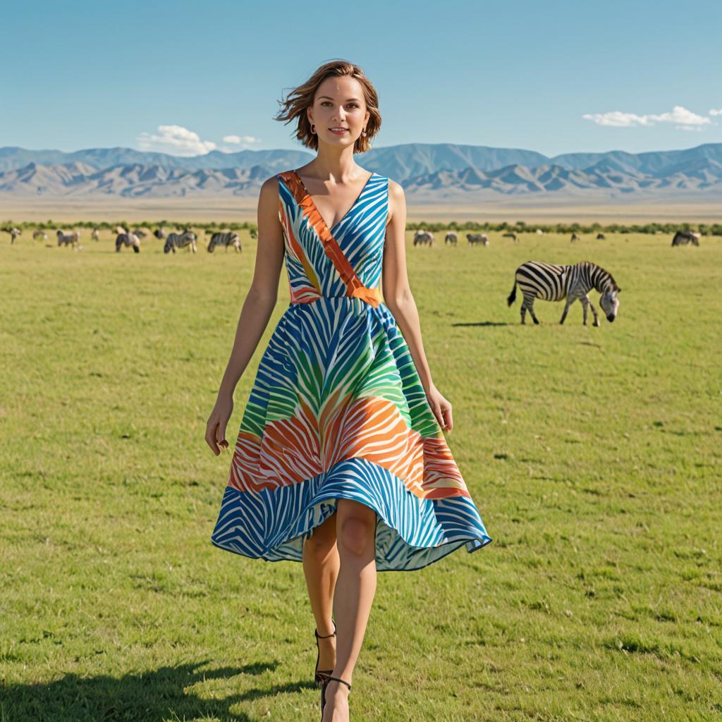 Woman in Vibrant Dress Walking in Savannah with Zebras