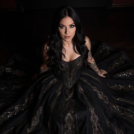 Elegant Woman in Ornate Black Gown Portrait