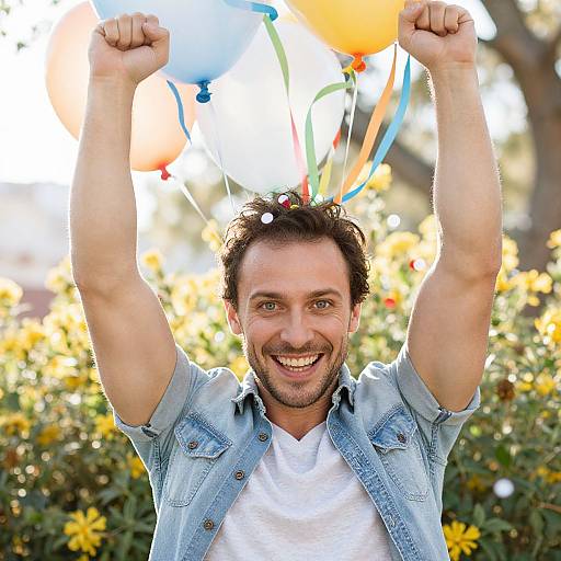 Happy Man Celebrating with Balloons Outdoors