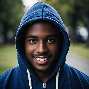 Young man in blue hoodie smiling