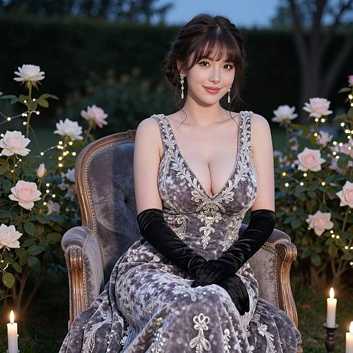Elegant Woman in Embroidered Velvet Gown Sitting in Garden with Roses and Fairy Lights