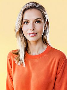 Smiling Woman in Orange Sweater