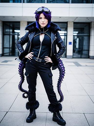 Andreana Arknights Cosplay Woman in Black Leather Outfit with Purple Tentacles