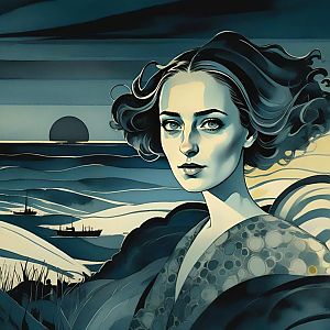 Thoughtful Woman Against Abstract Seascape