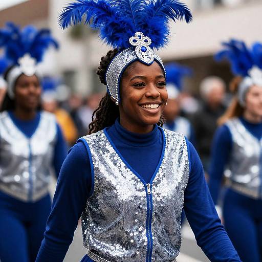Smiling Young Woman in Blue and Silver Sequined Marching Band Uniform with Feathered Headgear