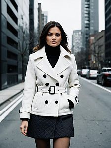 Woman in Modern Urban White Belted Peacoat with Wide Lapels and Double-Breasted Design