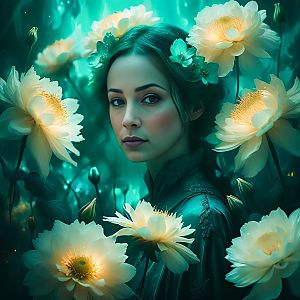 Serene Woman with Ethereal Flowers in Dreamy Teal Light
