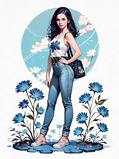 Realistic Comic Style Illustration of Woman in Casual Outfit with Blue Flowers