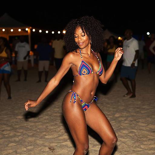 Woman Dancing at Night Beach Party in Colorful Crochet Bikini