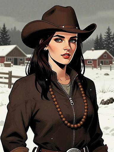 Digital Illustration of Woman in Cowboy Hat in Snowy Rural Setting