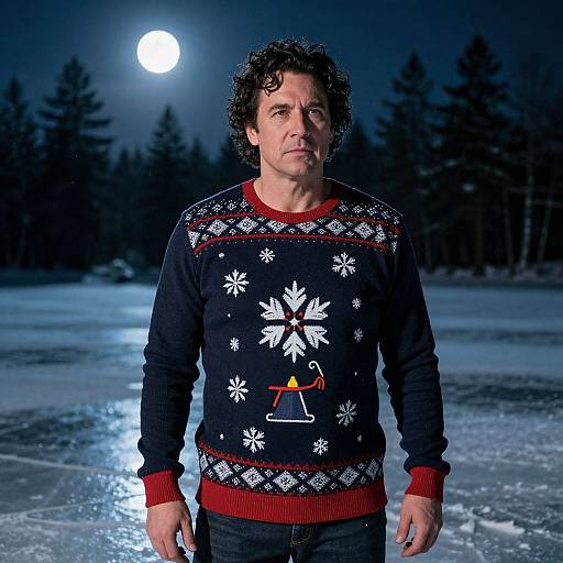 Man Wearing Festive Snowflake Christmas Sweater Outdoors on Frozen Lake at Night