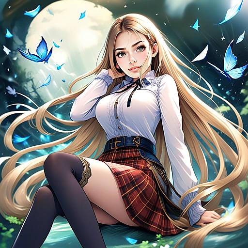 Anime Girl with Long Blonde Hair and Blue Butterflies at Night - Shingeki no Bahamut Style