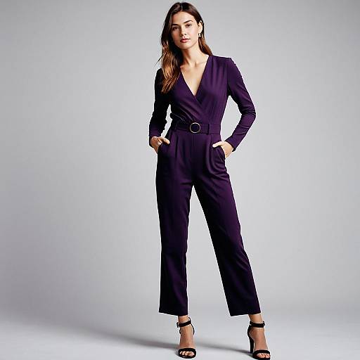 Woman in Modern Minimalist Deep Purple Jumpsuit with Fitted Waist