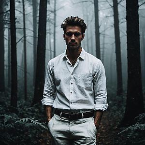 Confident Young Man in Misty Forest
