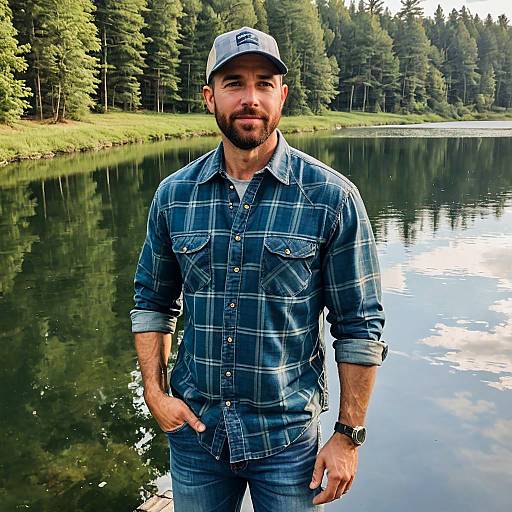 Man in Blue Plaid Shirt by Tranquil Forest Lake Outdoors