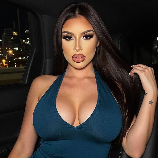 Glamorous Woman in Teal Halter Top Posing Inside Car at Night