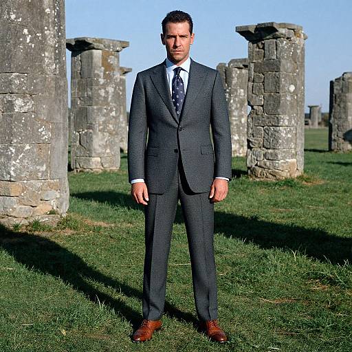 Man in Tailored Suit Standing Among Ancient Stone Pillars