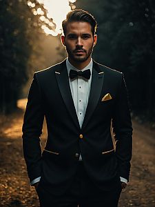 Man in Stylish Wedding Tuxedo Outdoor Portrait at Golden Hour