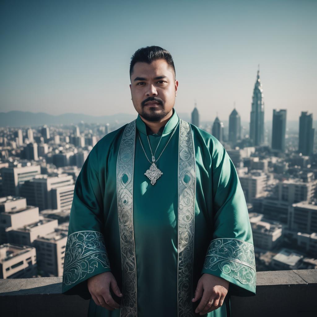Man in Traditional Green Robe on City Rooftop with Urban Skyline