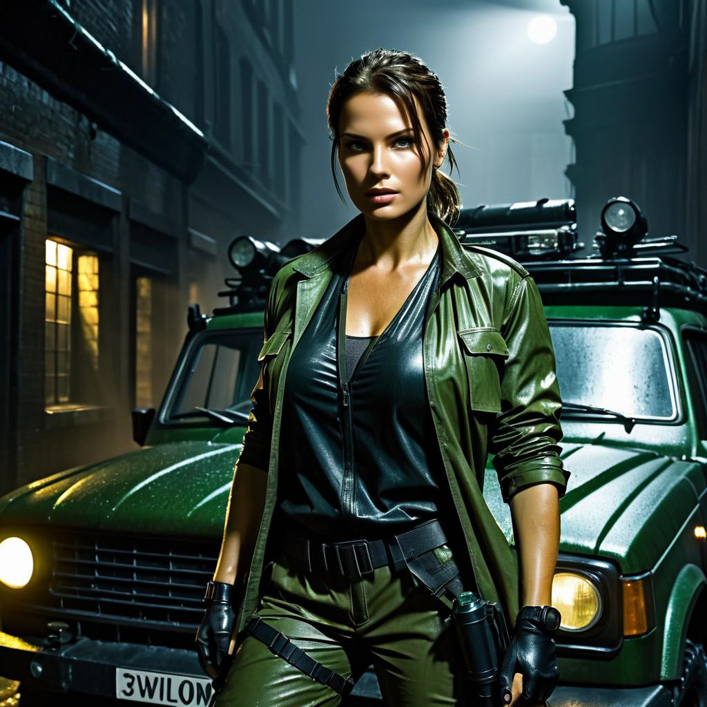 Confident Woman in Tactical Gear in Dim Alley