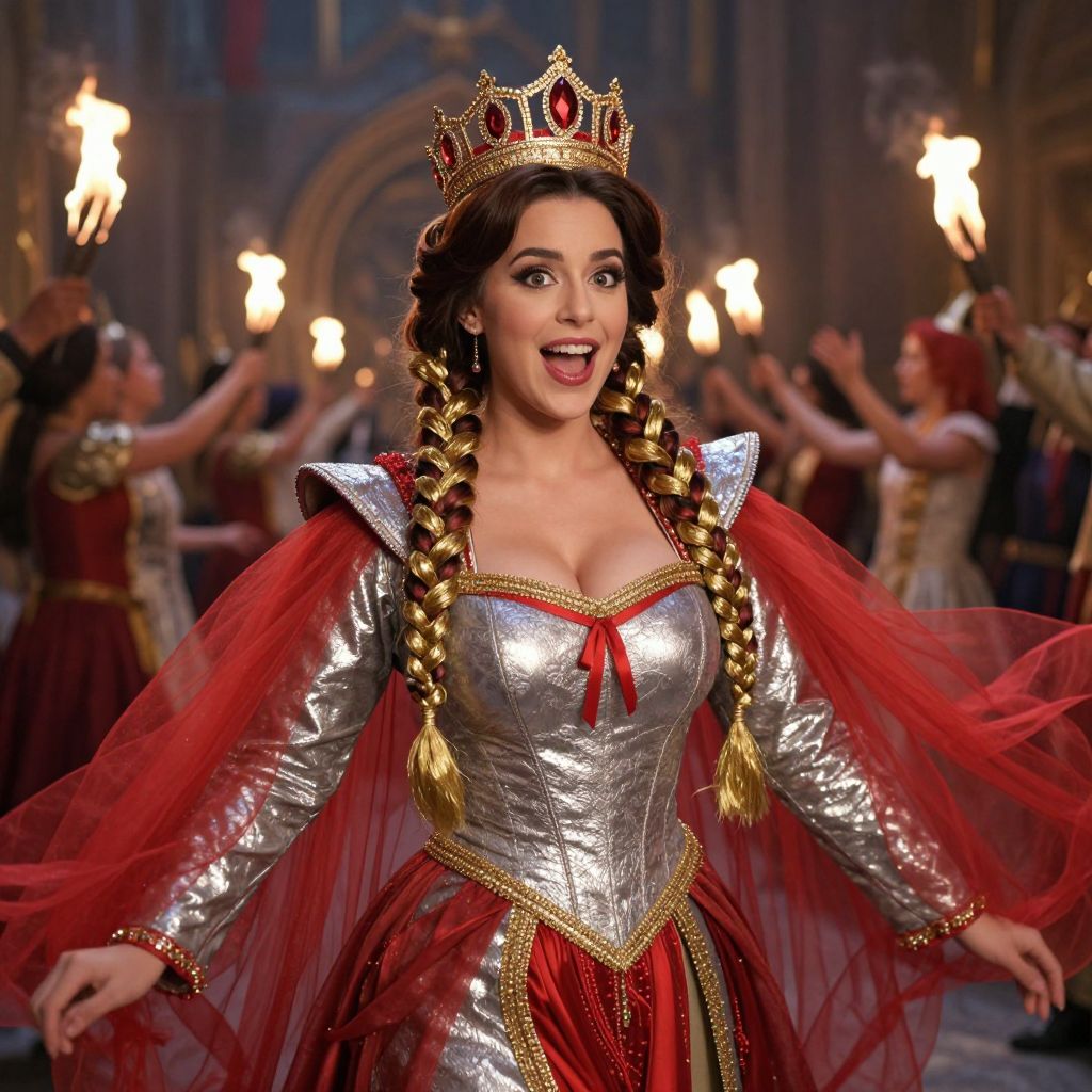 Medieval Queen Woman in Silver Corset and Red Cape with Crown