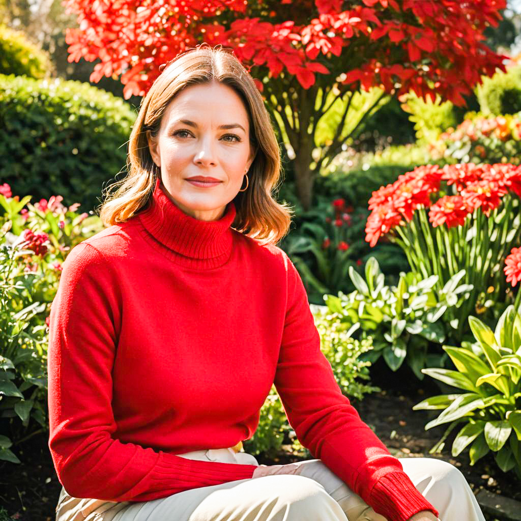 Woman in Red Sweater in Vibrant Garden