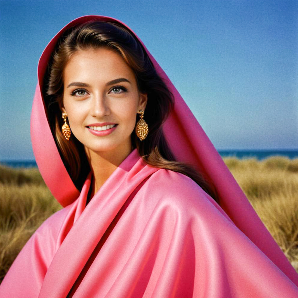 Woman in Pink Shawl at Beach