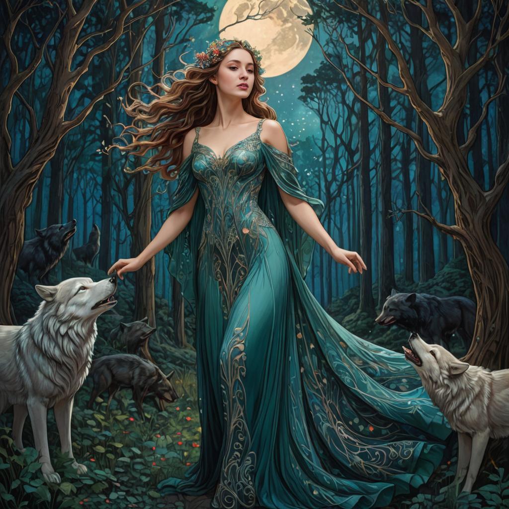 Woman in Teal Gown in Mystical Forest with Wolves